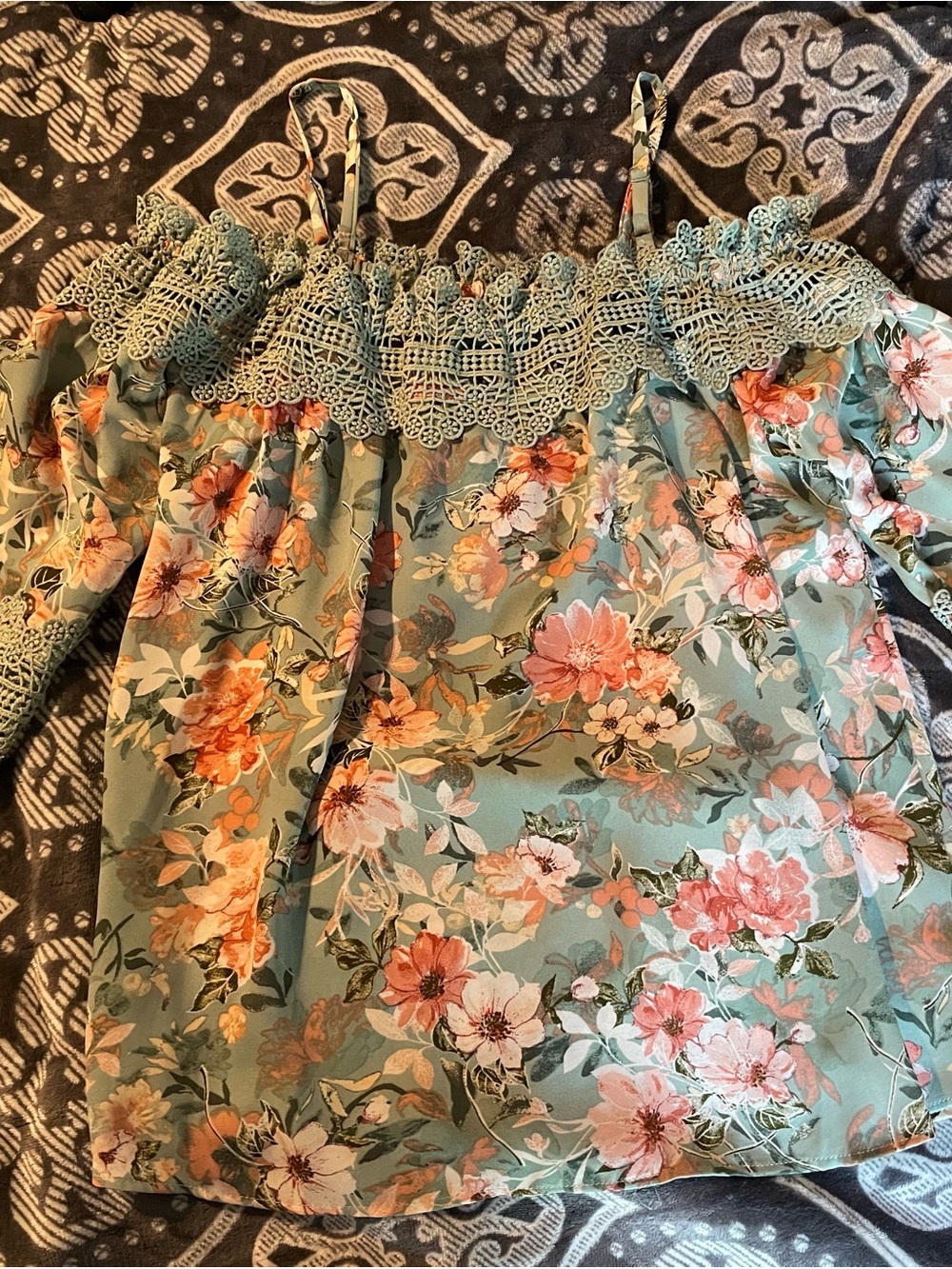 Floral Off-Shoulder Top with Lace Trim - Seafoam Green & Coral